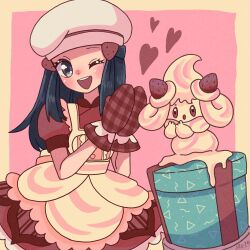  1girl :d ;d alcremie alcremie_(strawberry_sweet) alcremie_(vanilla_cream) apron black_eyes black_hair blush box chef_hat commentary_request dawn_(palentine's_2021)_(pokemon) dress eyelashes gift gift_box hair_ornament hairclip hat heart highres hikari_(pokemon) long_hair looking_at_viewer mittens mkrn_grtn official_alternate_costume one_eye_closed open_mouth pokemon pokemon_(creature) pokemon_masters_ex puffy_short_sleeves puffy_sleeves red_dress red_mittens red_oven_mitts short_sleeves smile solo teeth upper_teeth_only white_apron white_hat 