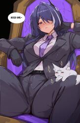  1girl absurdres acheron_(honkai:_star_rail) arnkun black_gloves blush cat commentary english_commentary gloves hair_over_one_eye highres honkai:_star_rail honkai_(series) long_hair looking_at_viewer multicolored_hair necktie purple_hair purple_necktie shirt sitting sitting_on_lap sitting_on_person streaked_hair suit throne undershirt violet_eyes white_shirt white_streaks 