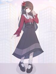  1girl absurdres belt black_belt black_hair black_shoes black_skirt building collared_shirt commentary_request contrast_collar flower full_body hair_flower hair_ornament hand_up highres long_hair long_skirt long_sleeves looking_at_viewer mahou_shoujo_no_majo_saiban neck_ribbon nikaido_hiro obelisk3 official_alternate_costume red_eyes red_flower red_shirt ribbon rounded_collar shirt shoes skirt socks solo white_ribbon white_socks 