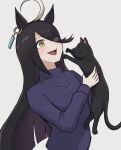  1girl animal animal_ears black_cat black_hair blush cat commentary_request earrings grey_background hair_between_eyes highres holding holding_animal horse_ears horse_girl jewelry long_hair long_sleeves manhattan_cafe_(umamusume) miya_nns35 multicolored_hair necklace open_mouth purple_sweater simple_background single_earring smile solo streaked_hair sweater umamusume upper_body white_hair yellow_eyes 