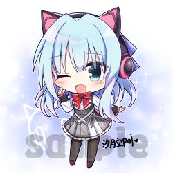  1girl :d ;d absurdres animal_ear_headphones animal_ears artist_name belt black_pantyhose blue_background blue_hair blush bow bowtie cat_ear_headphones cat_ears chibi chibi_only commentary_request fake_animal_ears frilled_skirt frills full_body green_eyes grey_belt hair_intakes hamidashi_creative hand_up happy headphones heart highres long_hair looking_at_viewer miniskirt nishiki_asumi one_eye_closed open_mouth outline pantyhose pleated_skirt red_bow red_bowtie sample_watermark shirt simple_background skirt smile solo sparkle standing thumbs_up two-tone_skirt watermark white_background white_outline white_shirt white_skirt xi_yue_kong_poi 