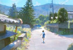  1girl blue_sky clouds day facing_away fjsmu highres house mirror mountain original perspective power_lines road running scenery shirt skirt sky solo street traffic_mirror utility_pole white_shirt 