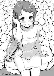 1girl adjusting_hair breasts commentary_request feet_out_of_frame greyscale kantai_collection looking_at_viewer mae_(maesanpicture) monochrome naked_towel rock samidare_(kancolle) sitting small_breasts smile solo swept_bangs towel twitter_username 