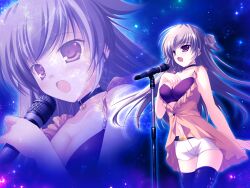  1girl arm_at_side bandeau belt black_belt black_boots black_choker boots breasts brown_eyes buttons choker collarbone concert contrapposto covered_groin dutch_angle fang floating_hair frilled_shirt frills from_below game_asset grey_hair hand_on_own_chest heart highres holding holding_microphone idol idol_clothes legs_together long_hair microphone microphone_stand midriff mikeou nanairo_kouro nanami_haruka_(nanairo_kouro) night non-web_source open_mouth outdoors purple_bandeau self-datamine shirt short_shorts shorts singing sleeveless sleeveless_shirt small_breasts solo standing star_(sky) strapless thigh_boots tube_top two_side_up very_long_hair white_shorts yellow_shirt zoom_layer 