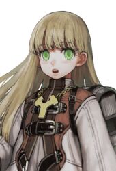  1girl belt belt_buckle black_belt black_shorts blonde_hair blush book buckle chain chain_necklace collared_jacket commentary_request cropped eyelashes fantasy green_eyes jacket jewelry jun_(navigavi) lips long_hair long_sleeves looking_to_the_side multiple_belts necklace nose open_mouth original partially_unbuttoned shirt shorts simple_background solo teeth upper_body upper_teeth_only white_background white_jacket white_shirt 