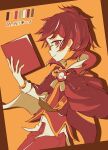  1boy book brown_cape brown_eyes brown_hair brown_vest cape color_guide from_side glasses highres holding holding_book jazz_grace klug_(puyopuyo) limited_palette long_sleeves looking_at_viewer male_focus pants pocket_watch puyopuyo puyopuyo_fever shirt slit_pupils solo strange_klug vest watch white_shirt 