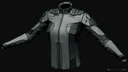  3d blender_(medium) bodysuit clothes_focus commentary company_logo copyright_logo copyright_name dark_background dated english_commentary eve_online grey_background greyscale highres jacket logo long_sleeves marmoset_toolbag_(medium) maya_(medium) monochrome no_humans official_art photorealistic realistic undoz upper_body zbrush_(medium) 