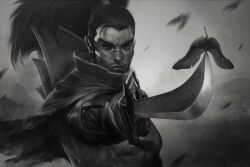  1boy black_hair commentary english_commentary holding holding_sword holding_weapon league_of_legends male_focus monochrome ponytail scar scar_on_face scar_on_nose solo stanley_lau sword upper_body weapon yasuo_(league) 