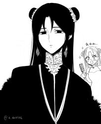  1boy 1girl blush borrowed_hairstyle closed_mouth diamond_earrings double_bun dress earrings expressionless feather_boa flower flower-shaped_pupils flower_earrings greyscale hades_(ohitsuji_ei) hair_brush hair_bun hair_flower hair_ornament highres holding holding_hair_brush jewelry long_hair looking_at_another looking_at_viewer mandarin_collar monochrome ohitsuji_ei open_mouth parted_bangs persephone_(ohitsuji_ei) rectangular_mouth robe simple_background sleeveless sleeveless_dress straight_hair symbol-shaped_pupils twitter_username upper_body white_background yukai_na_shintouki 
