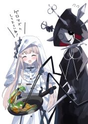  1girl 1other ^_^ absurdres bib_collar black_cloak black_hood blonde_hair cloak closed_eyes collar commentary_request cooking cross cross_earrings cross_ornament cup dress earrings extra_arms flipping_food food frilled_dress frilled_sleeves frills frying_pan gloves highres hikami_meruru holding holding_cup holding_plate jewelry long_hair long_sleeves mahou_shoujo_no_majo_saiban mask narehate_(mahou_shoujo_no_majo_saiban) open_mouth plate priestess simple_background smile spiked_collar spikes spoilers tama_sakura veil white_background white_dress white_gloves white_veil wide_sleeves 