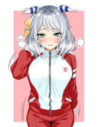  1girl animal_ears arm_behind_head blush border commentary_request cowboy_shot eyelashes green_eyes grey_hair highres hishi_miracle_(umamusume) horse_ears horse_girl jacket long_sleeves medium_hair motion_lines multicolored_jacket pants pink_background red_jacket red_pants simple_background smapy_sumataku solo steam sweat track_jacket track_pants track_suit two-tone_jacket umamusume variant_set white_border white_jacket zipper 