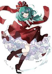  1girl boots bow dated dress emimi_(emimi_28) english_commentary frilled_bow frilled_ribbon frills green_eyes green_hair hair_bow holding_own_dress kagiyama_hina knee_boots long_hair looking_at_viewer puffy_short_sleeves puffy_sleeves red_boots red_bow red_dress red_ribbon ribbon short_sleeves simple_background solo touhou twitter_username white_background wrist_ribbon 