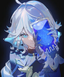  1boy ahoge ascot asymmetrical_gloves black_background black_gloves black_shirt blue_ascot blue_eyes blue_gem blue_hair blue_jacket closed_mouth commentary_request drill_hair drill_sidelocks drop-shaped_pupils eyelashes furina_(genshin_impact) gem genshin_impact gloves hair_between_eyes hands_up highres holding huge_ahoge jacket lapels long_hair long_sleeves looking_at_viewer low_twintails male_focus mismatched_gloves missing_headwear multicolored_hair one_eye_covered open_clothes open_jacket pipipitoto_sou shirt sidelocks simple_background smile solo symbol-shaped_pupils twintails two-tone_hair upper_body very_long_hair watermark wavy_hair white_gloves white_hair 