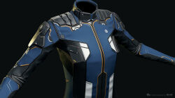  3d black_jacket blender_(medium) blue_jacket bodysuit caldari_state_(eve_online) clothes_focus commentary company_logo copyright_logo copyright_name dark_background dated english_commentary eve_online grey_background highres jacket logo long_sleeves marmoset_toolbag_(medium) maya_(medium) no_humans official_art photorealistic realistic undoz upper_body zbrush_(medium) 