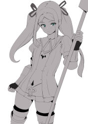 1girl closed_mouth commentary_request dress fingerless_gloves gloves green_eyes greyscale highres holding holding_polearm holding_weapon long_hair looking_at_viewer monochrome polearm radiata_stories ridley_timberlake simple_background skirt solo spot_color thigh-highs tirasi_(so) twintails weapon white_background 