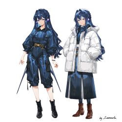  2girls absurdres adapted_costume alternate_costume animal_ears arknights astesia_(arknights) bird_ears black_boots blue_eyes blue_hair blue_skirt boots brown_boots clothing_request collarbone full_body fur_trim hair_intakes hands_in_pockets highres holding holding_sword holding_weapon immeasurable long_hair multiple_girls parka scarf skirt sword weapon 