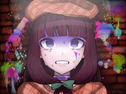  1girl @_@ beret bow brick_wall brown_hair brown_hat capelet collar crying danganronpa_another f0rtavv12o7 front_ponytail green_bow green_eyes hat highres long_hair nervous_sweating nijiue_iroha paint plaid_capelet plaid_clothes scared shirt solo super_danganronpa_another_2 sweat tears 
