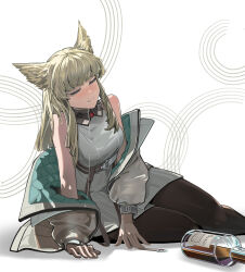  1girl absurdres alcohol animal_ears arknights arknights:_endfield bare_shoulders bird_ears bird_girl black_pantyhose blonde_hair blush bottle chinese_commentary closed_eyes closed_mouth commentary_request dress drooling drunk highres invisible_floor jacket long_hair open_clothes open_jacket pantyhose perlica_(arknights) simple_background sitting sleeveless sleeveless_dress smile solo white_background white_dress white_jacket yima_(power222222) 