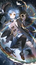 1girl absurdres asymmetrical_legwear bird black_capelet black_hole black_pantyhose black_shoes blue_hair blue_skirt braid braided_hair_rings capelet deerstalker earth_(planet) frilled_skirt frills hair_rings hat highres magnifying_glass mahou_shoujo_no_majo_saiban making-of_available orange_eyes pantyhose planet shoes short_hair single_leg_pantyhose skirt solo space star_(sky) tachibana_sherry yuwenyueyao 