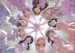  6+girls anyoji_hime aqua_eyes armpits aurora_flower_(love_live!) black_hair blonde_hair blue_eyes blue_hair blue_ribbon blue_skirt blunt_bangs blunt_ends bob_cut braid breasts brown_hair butterfly_hair_ornament circle_formation closed_mouth colored_inner_hair commentary_request cross-laced_clothes cross-laced_top crossed_bangs diagonal_bangs earrings elbow_gloves fang from_below fujishima_megumi gloves gradient_hair green_eyes hair_bun hair_ornament highres hinoshita_kaho inverted_bob jewelry kachimachi_kosuzu long_hair love_live! love_live!_hasu_no_sora_jogakuin_school_idol_club low_twintails medium_breasts medium_hair momose_ginko multicolored_hair multiple_girls murano_sayaka neck_ribbon official_alternate_costume orange_hair osawa_rurino otomune_kozue parted_bangs pink_eyes pink_hair pink_ribbon pink_skirt ponytail puffy_short_sleeves puffy_sleeves purple_hair purple_ribbon purple_skirt red_hair ribbon shirt short_hair short_sleeves side_braids side_ponytail sidelocks signature single_side_bun skirt sleeveless sleeveless_shirt smile split_mouth straight_hair streaked_hair suito twintails two_side_up violet_eyes virtual_youtuber watermark white_gloves white_hair white_shirt worm's_eye_view yugiri_tsuzuri 