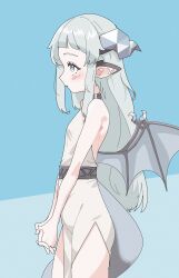  1girl absurdres aged_down backless_dress backless_outfit blue_background blunt_bangs commentary daya_(trickcal) dragon_ears dragon_girl dragon_horns dragon_tail dragon_wings dress flat_chest from_side grey_dress grey_eyes grey_hair highres horns long_hair own_hands_together parted_lips profile ribs shoga_k shy solo standing tail trickcal very_long_hair wings 