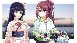 2girls bag bicycle black_sash blue_eyes blue_hair blunt_bangs blurry blurry_background border bow breasts brown_hair commentary_request frilled_shrug goto_akira green_eyes grin hair_bow high_ponytail hime_cut ikizulive!_love_live!_bluebird jacket japanese_clothes kimono komagata_hanabi long_hair love_live! medium_breasts multiple_girls neck_ribbon noochan_chonoda obi obijime outdoors outside_border plastic_bag ponytail pushing_bicycle red_ribbon ribbon sash shopping_bag shrug_(clothing) sidelocks smile three-quarter_sleeves white_border white_jacket white_kimono white_shrug yellow_bow 