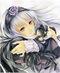  arm_across_chest arms_across_body artist_name black_hairband dress_ribbon flower frilled_sleeves frills gothic_lolita grey_hair hairband hands_on_own_shoulders lolita_fashion lolita_hairband looking_at_viewer rose rozen_maiden smile suigintou traditional_media upper_body violet_eyes white_background yahoo_username 