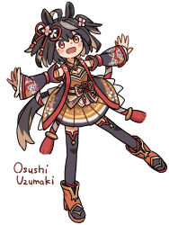  1girl :d animal_ears artist_name black_hair black_sleeves black_thighhighs boots chanchanko_(clothes) detached_sleeves flower full_body hair_ornament highres horse_ears horse_girl horse_tail kitasan_black_(gilded_shrine_to_glory)_(umamusume) kitasan_black_(umamusume) long_sleeves medium_hair open_mouth orange_boots outstretched_arms pleated_skirt red_eyes shirt simple_background skirt smile solo spread_arms tail thigh-highs umamusume uzumaki_osushi white_background yellow_shirt 