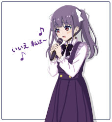  1girl aged_down black_bow black_bowtie blunt_bangs bow bowtie chofu_noriko commentary_request cowboy_shot dress eighth_note fanged_bangs frilled_dress frilled_shirt frills hair_bow highres holding holding_microphone ikizulive!_love_live!_bluebird long_hair long_sleeves love_live! microphone musical_note pinafore_dress pleated_dress purple_dress purple_hair shirt simple_background singing sleeveless sleeveless_dress solo thick_eyebrows translation_request twintails white_background white_bow white_shirt yuyuyu02282 