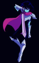  1other armor armored_boots black_background black_hair black_unitard blue_skin boots breastplate cape colored_skin deltarune full_body gauntlets helllmari highres holding holding_sword holding_weapon kris_(dark_world)_(deltarune) kris_(deltarune) looking_to_the_side other_focus pink_cape red_eyes short_hair short_sleeves shoulder_armor simple_background sword tachi-e utdr_(toby_fox) weapon 