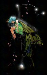  1girl aqua_hair barefoot black_dress butterfly_wings closed_eyes closed_mouth dress eternity_larva fairy falling_petals flower flower_request full_body green_dress highres insect_wings itomugi-kun leaf leaf_on_head multicolored_dress petals pink_petals short_hair sleeping sleeveless sleeveless_dress solo toes touhou white_flower wings yellow_wings 