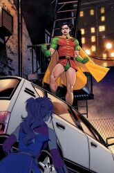  1boy 1girl batman_(series) belenortega black_hair black_mask brown_hair building cape car clenched_hands dc_comics domino_mask eye_mask gloves green_gloves green_sleeves highres mask motor_vehicle night outdoors red_shirt robin_(dc) shirt short_hair short_sleeves teeth trinity_(dc) white_car wonder_woman_(series) yellow_cape 