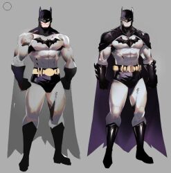  1boy bat_mask batman batman_(series) batman_symbol belt bodysuit cowl dc_comics grey_bodysuit male_focus multicolored_bodysuit multicolored_suit muscular muscular_male myrodico solo superhero_costume taut_bodysuit taut_clothes two-tone_bodysuit two-tone_suit utility_belt 