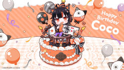  1girl :d ahoge animal_ear_headphones animal_ears arm_belt asymmetrical_legwear asymmetrical_sleeves balloon bandaid bandaid_on_leg bare_shoulders belt_collar black_choker black_hair black_sweater cake cat_ear_headphones cat_ears cellphone character_name chibi choker collar commentary_request confetti cross-laced_clothes cross-laced_dress dress eyeball_hair_ornament fake_animal_ears food fujisawa_kamiya happy_birthday hat headphones highres holding holding_phone layered_dress livestream long_sleeves mahou_shoujo_no_majo_saiban microphone mini_person minigirl multicolored_hair off-shoulder_sweater off_shoulder official_art open_mouth orange_eyes orange_streaks party_hat phone sawatari_coco second-party_source sharp_teeth shirt short_hair single_bare_shoulder single_thighhigh sitting skirt smartphone smile solo speech_bubble streaked_hair striped_clothes striped_sleeves striped_thighhighs stuffed_animal stuffed_cat stuffed_toy sweater teeth thigh-highs white_shirt white_skirt 