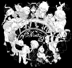  6+boys 6+girls danganronpa_(series) danganronpa_2:_goodbye_despair hamster hanamura_teruteru highres hinata_hajime koizumi_mahiru komaeda_nagito kuzuryu_fuyuhiko looking_at_viewer mioda_ibuki monochrome monokuma monomi_(danganronpa) multiple_boys multiple_girls nanami_chiaki nidai_nekomaru owari_akane pekoyama_peko podium saionji_hiyoko shouen_(sho_s975) soda_kazuichi sonia_nevermind standing talking tanaka_gundham togami_byakuya_(danganronpa_2) tsumiki_mikan 