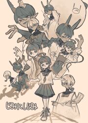  1girl 2boys ahoge ahoge_girl_(jimini_shijimi) apron bandaged_horn blunt_bangs braid braided_ponytail broom closed_mouth coat collared_shirt commentary_request converse creature crossed_arms crossed_bangs dark-skinned_male dark_skin hair_between_eyes hand_up highres holding holding_broom holding_microphone horns ice_god_(jimini_shijimi) japanese_clothes jimini_shijimi knees_up lab_coat long_hair long_sleeves looking_at_viewer low_twintails microphone multiple_boys multiple_views necktie no_pupils open_mouth original pleated_skirt pointy_ears shirt short_eyebrows short_hair short_sleeves short_twintails sidelocks singing skirt smoking_pipe standing tail translation_request twintails upper_body white-haired_man_(jimini_shijimi) white_hair 