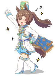  1girl absurdres aiguillette animal_ears aqua_cape aqua_shorts band_uniform blush boots brown_hair cape closed_eyes gloves hair_between_eyes hat highres horse_ears horse_girl horse_tail jacket long_hair marching_band mgr3na2sup_6 musical_note official_alternate_costume open_mouth ponytail shako_cap shorts smart_falcon_(luminous_twirler)_(umamusume) smart_falcon_(umamusume) smile solo tail thigh_boots umamusume white_boots white_gloves white_jacket 