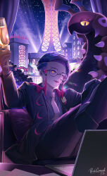  1boy absurdres alcohol black_hair blackcaaaat champagne_flute collared_shirt commentary_request corbeau_(pokemon) cup drinking_glass glasses highres holding jacket lumiose_city male_focus necktie night open_clothes open_jacket open_mouth pants pokemon pokemon_(creature) pokemon_legends:_z-a round_eyewear scolipede shirt shoes short_hair signature sky star_(sky) teeth upper_teeth_only yellow_eyes 