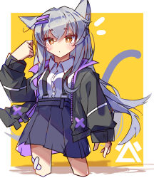  1girl animal_ear_fluff animal_ears bandaid bandaid_on_leg bandaid_on_thigh black_jacket blue_skirt blush border bright_pupils buttons cat_ears cat_girl cat_tail closed_mouth collared_shirt commentary_request cropped_legs grey_hair hair_between_eyes hair_ornament hairclip hand_up highres jacket long_hair long_sleeves looking_at_viewer notice_lines open_clothes open_jacket orange_eyes original outside_border parallel_hairclips pleated_skirt shirt simple_background skirt sleeves_past_wrists solo suspender_skirt suspenders tail tetenka thick_eyebrows white_border white_pupils white_shirt yellow_background 