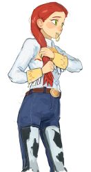  1girl absurdres animal_print belt blue_pants brown_belt cow_print cowgirl_(western) denim green_eyes highres jeans jessie_the_yodeling_cowgirl long_hair mangopp pants red_hair shirt simple_background solo toy_story white_background white_shirt 