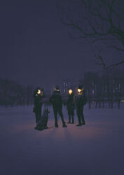  1girl 3boys absurdres boots building city_lights coat commentary dog english_commentary faceless facing_another glowing_skin hands_up hat highres holding holding_leash jacket leash multiple_boys night original painterly pants quiet_victories scenery shadow tree wide_shot winter 