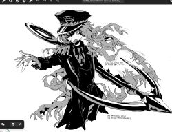  1girl anchor blind_obsession_(e.g.o) collared_shirt commentary cowboy_shot e.g.o_(project_moon) epaulettes greyscale highres ishmael_(project_moon) kampuzu lapels limbus_company long_hair monochrome necktie notched_lapels pants project_moon shirt simple_background solo very_long_hair wavy_hair 