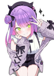  1girl absurdres beret black_bow black_bowtie black_hat black_skirt blush bow bowtie cardigan collared_shirt commentary_request cowboy_shot green_eyes grin hair_between_eyes hair_bow hair_bun hair_ornament hairclip hand_up hat highres hololive hosinonana long_hair long_sleeves looking_at_viewer miniskirt multicolored_hair off_shoulder official_alternate_costume open_cardigan open_clothes pink_streaks pleated_skirt purple_cardigan purple_hair seiza shirt simple_background single_side_bun sitting skirt sleeve_bow sleeveless sleeveless_shirt sleeves_past_wrists smile solo sparkle streaked_hair swept_bangs tokoyami_towa tokoyami_towa_(jirai_kei) virtual_youtuber white_background white_shirt x_hair_ornament 
