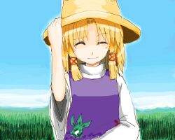  1girl arm_up bad_drawr_id bad_id blonde_hair blue_sky blunt_sidelocks brown_hat closed_eyes closed_mouth day grass hair_ribbon hand_on_headwear hat medium_hair moriya_suwako outdoors pome_(darkflowne) purple_vest ribbon shirt sidelocks sky smile solo touhou tress_ribbon turtleneck turtleneck_shirt upper_body vest white_shirt 