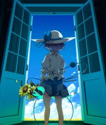  1girl alternate_costume belt blue_bow blue_sky bow clouds commentary_request day door facing_away floral_print flower from_behind green_skirt grey_hair hat hat_bow highres komeiji_koishi print_skirt puffy_short_sleeves puffy_sleeves rose_print shirt short_hair short_sleeves skirt sky solo sun_hat sunflower tami_(joemanyodw) touhou white_belt white_hat white_shirt yellow_flower 