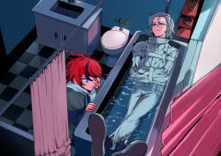  2boys absurdres ahoge aotsuki_eito bathroom black_jacket black_shoes black_streaks blue_eyes bound bound_arms bright_pupils cabinet commentary_request commission crossed_legs curtains glasses gloves grey_hair grey_jacket highres hood hoodie indoors jacket jacket_over_hoodie looking_at_another male_focus multicolored_hair multicolored_jacket multiple_boys nodplus50pts open_clothes open_jacket pants partially_submerged red_hair shoes short_hair shower_curtain sink smile straitjacket streaked_hair sumino_takumi the_hundred_line_-last_defense_academy- tile_floor tiles toilet two-tone_hair two-tone_jacket violet_eyes water white_hoodie white_jacket white_pants white_pupils window 
