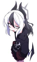 1girl black_eyeliner black_hair black_horns blue_archive demon_horns dr_yamero eyeliner grey_halo hair_between_eyes halo highres horns jacket kayoko_(blue_archive) long_hair looking_at_viewer makeup multicolored_hair red_eyes shirt simple_background single_wing solo two-tone_hair white_background white_hair wings 