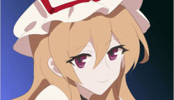  1girl arong blonde_hair blue_background closed_mouth commentary dated_commentary hair_between_eyes hat hat_ribbon long_hair looking_at_viewer mob_cap portrait red_ribbon ribbon smile solo touhou violet_eyes yakumo_yukari 