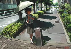  1girl :p absurdres ankle_socks anko1127 artist_name backpack bag black_bag black_eyes black_hair black_skirt bright_pupils brown_shoes building bush collared_shirt commentary_request day full_body grey_umbrella highres holding holding_umbrella loafers looking_at_viewer manhole_cover no_parking_sign original outdoors pavement pleated_skirt road road_sign school_uniform shadow shirt shirt_tucked_in shoes short_hair short_sleeves sidewalk sign signature skirt socks solo standing street sunlight tongue tongue_out tree tree_shade umbrella white_pupils white_shirt white_socks 
