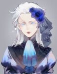  1girl blue_dress blue_eyes colored_eyelashes devil_may_cry_(series) dress flower flower_on_head genderswap genderswap_(mtf) highres lipstick lolita_fashion long_hair looking_at_viewer makeup red_lips solo vergil_(devil_may_cry) weibo_7741399156 white_hair 